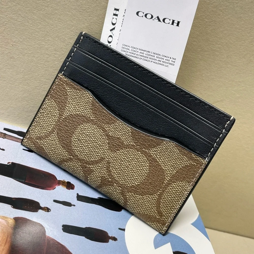 (new+tag+box) Coach Signature Monogram Card Holder Jacquard khaki brown black